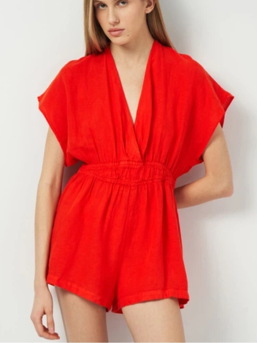 Zara Red Linen Cutout Deep V-Neck Romper